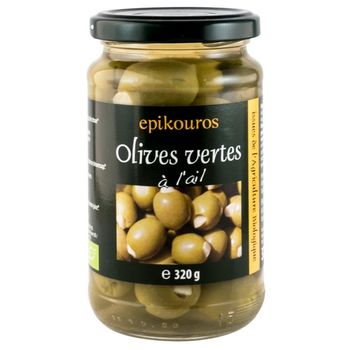 Epikouros masline verzi bio umplute cu usturoi in saramura, 320g