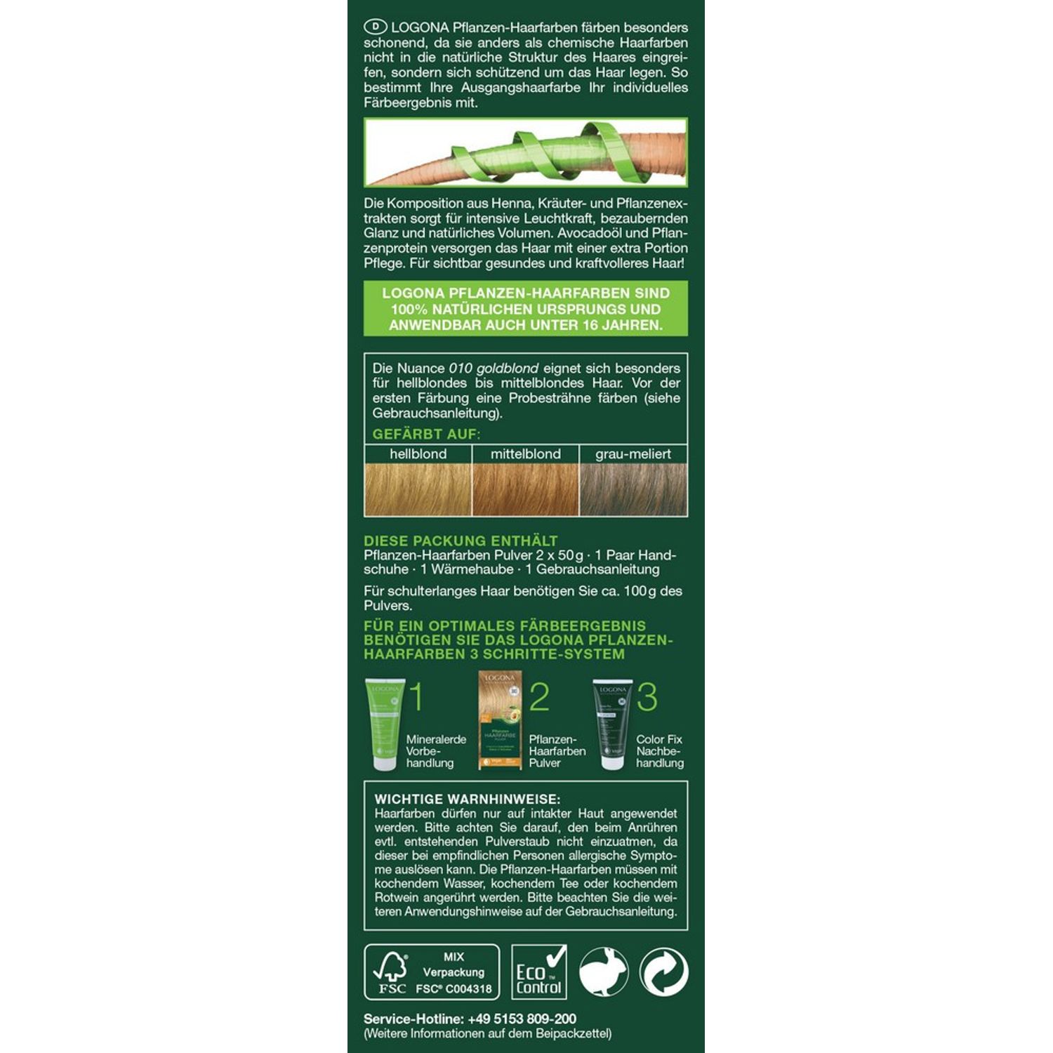 Vopsea de par Bio, 100 g blond auriu nuanta 010 Logona fotografia produsului View 2 L
