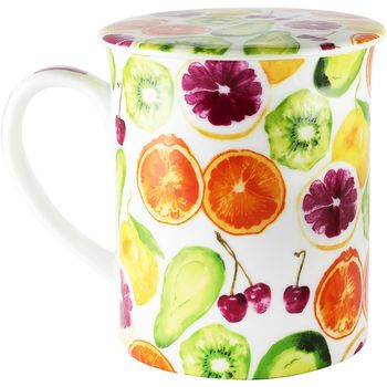 Cana din portelan cu capac si infuzor din otel inoxidabil, 0.3l, desing tutti frutti