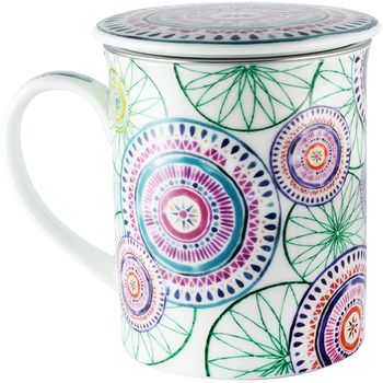 Cana din portelan cu capac si infuzor din otel inoxidabil, 0.3l, desing mandala turcoaz