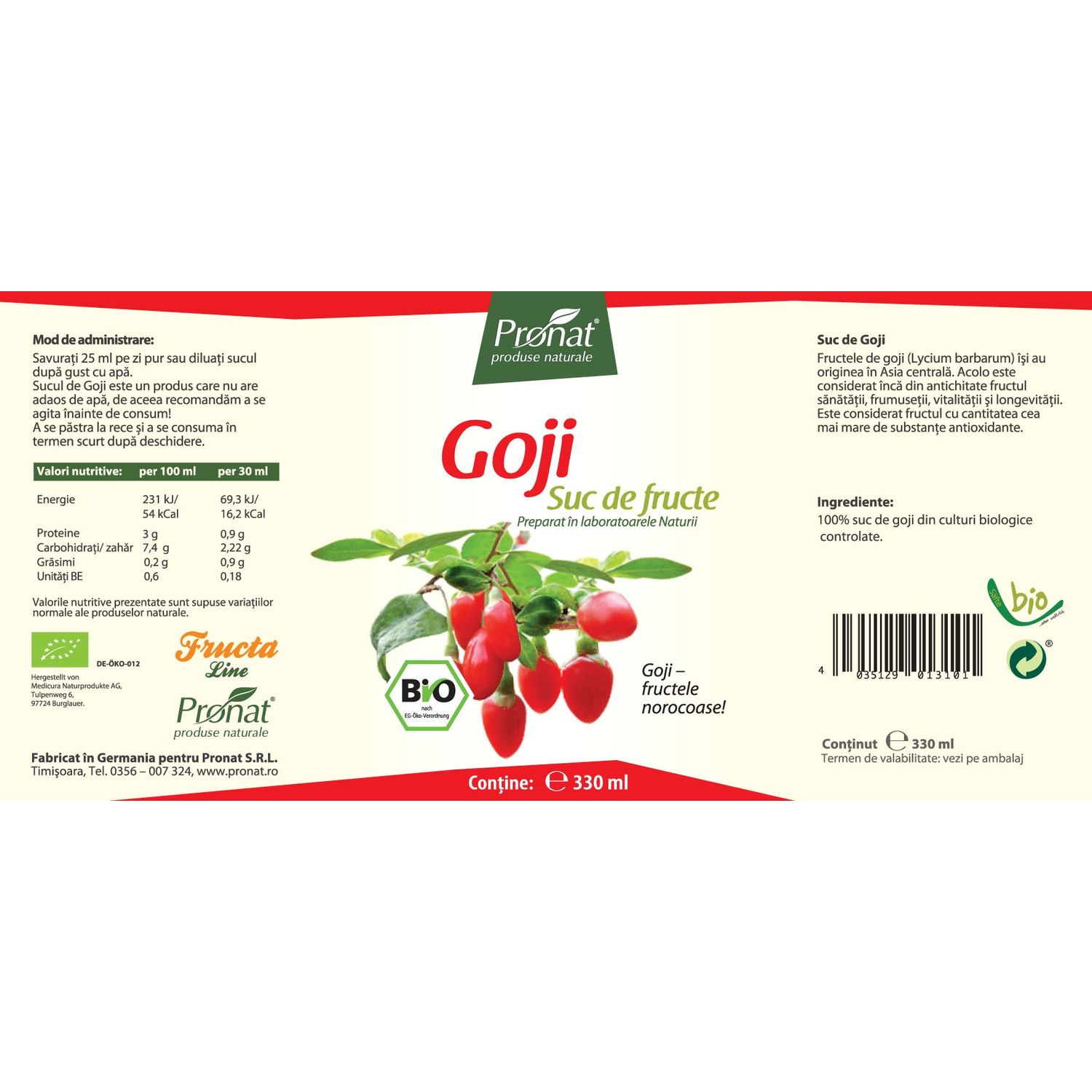 Suc de goji 100%, Bio, 330 ml Medicura fotografia produsului View 2 L