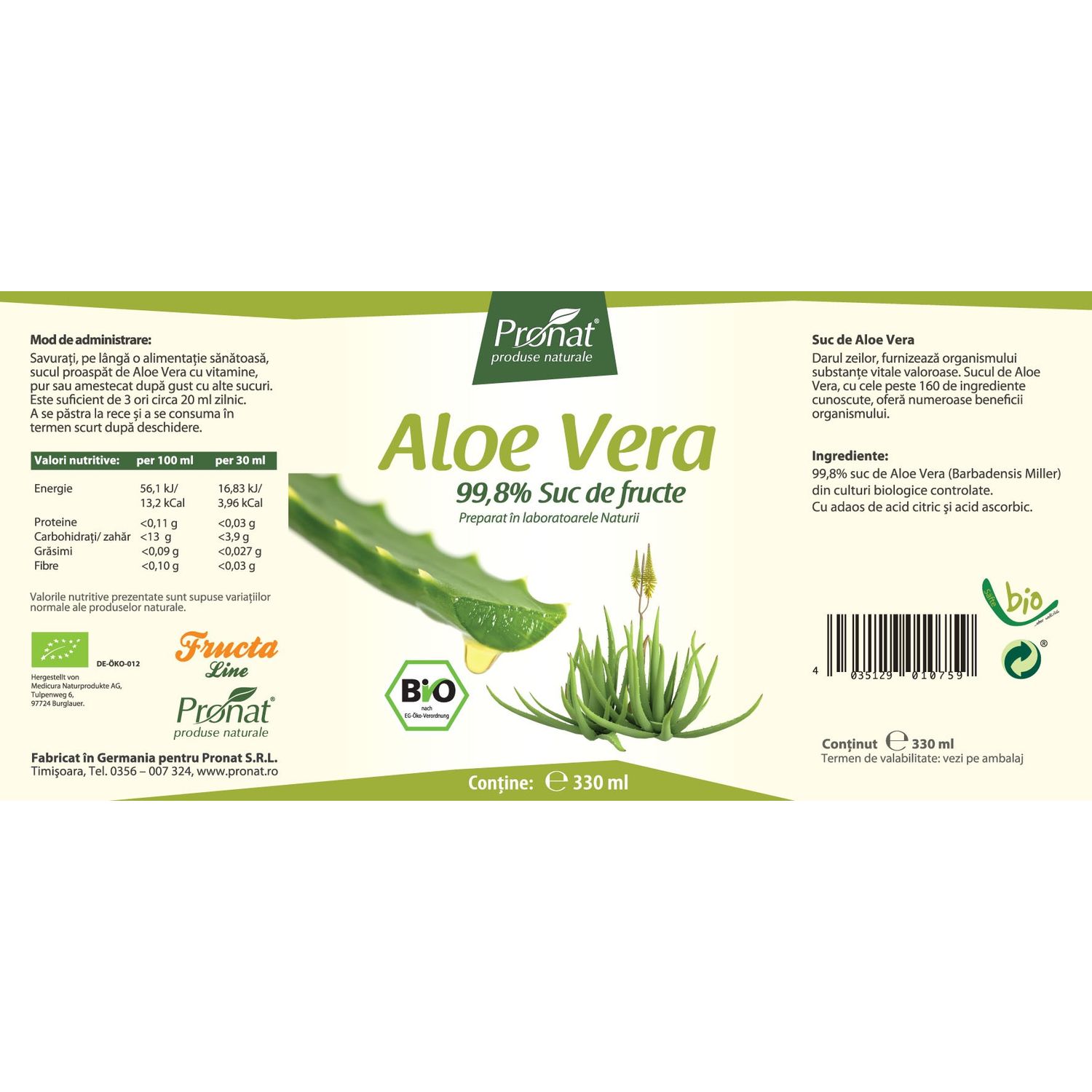Suc de aloe vera 100%, Bio, 330 ml Medicura fotografia produsului View 2 L