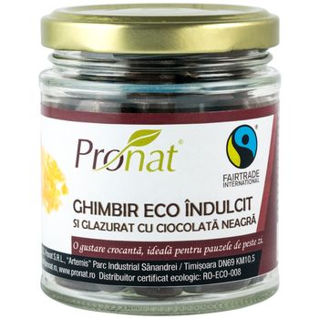 Eco/bio ghimbir indulcit si glazurat cu ciocolata neagra, 130 gr