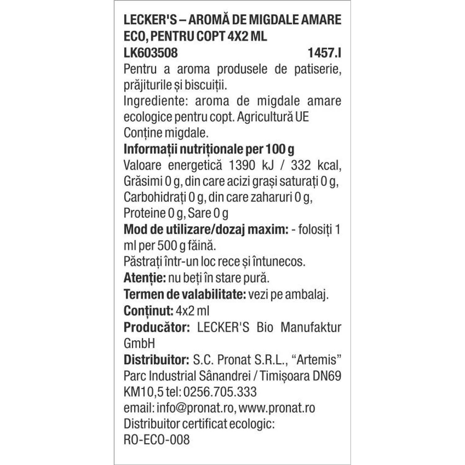 Aroma de migdale amare Bio, pentru copt 4x2 ml Lecker's fotografia produsului View 2 L