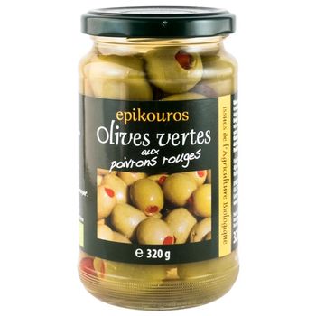 Epikouros masline verzi bio umplute cu ardei rosu, in saramura, 320g