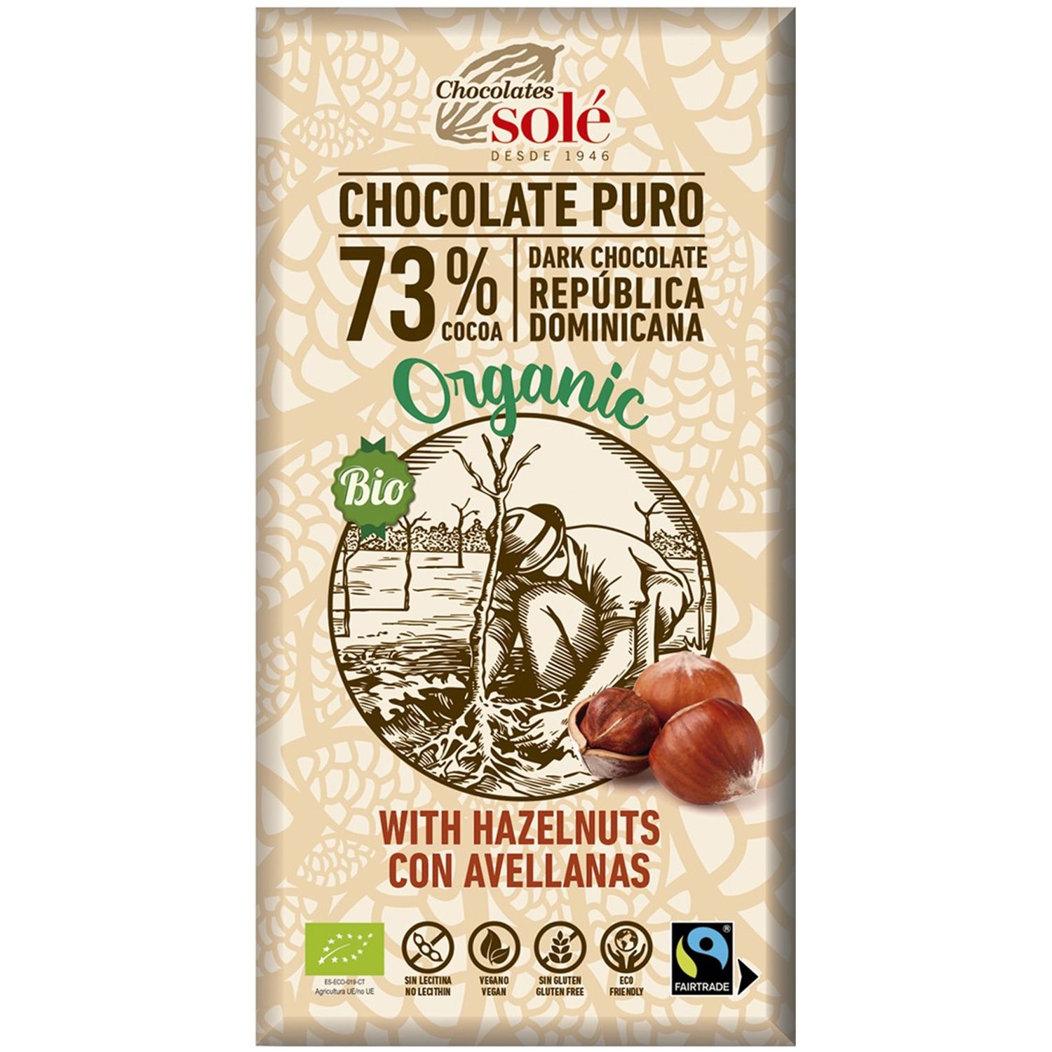 Ciocolata neagra Bio cu alune de padure 73% cacao, 150 g Chocolates Sole fotografia produsului