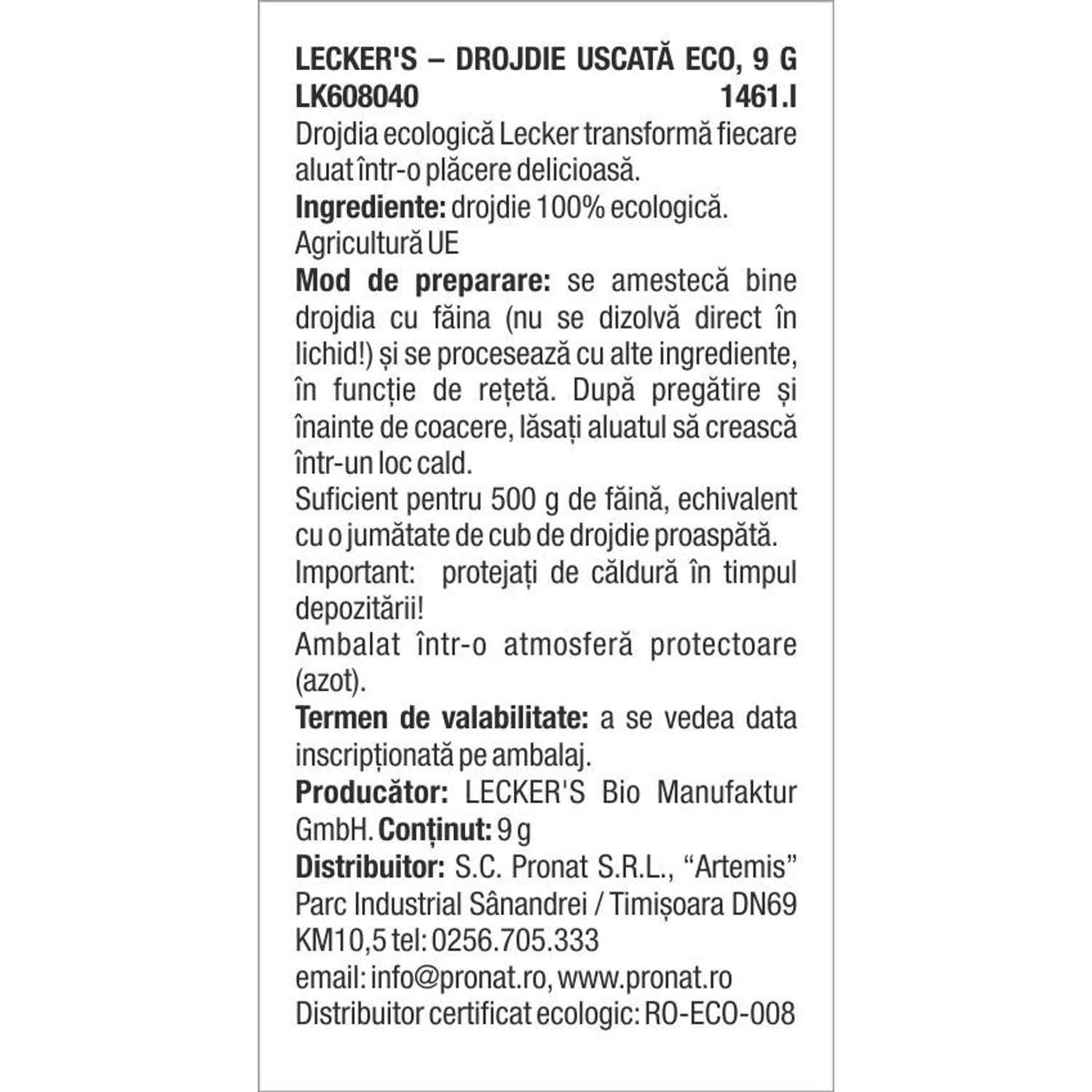 Drojdie uscata Bio, 9 g Lecker's fotografia produsului View 2 L