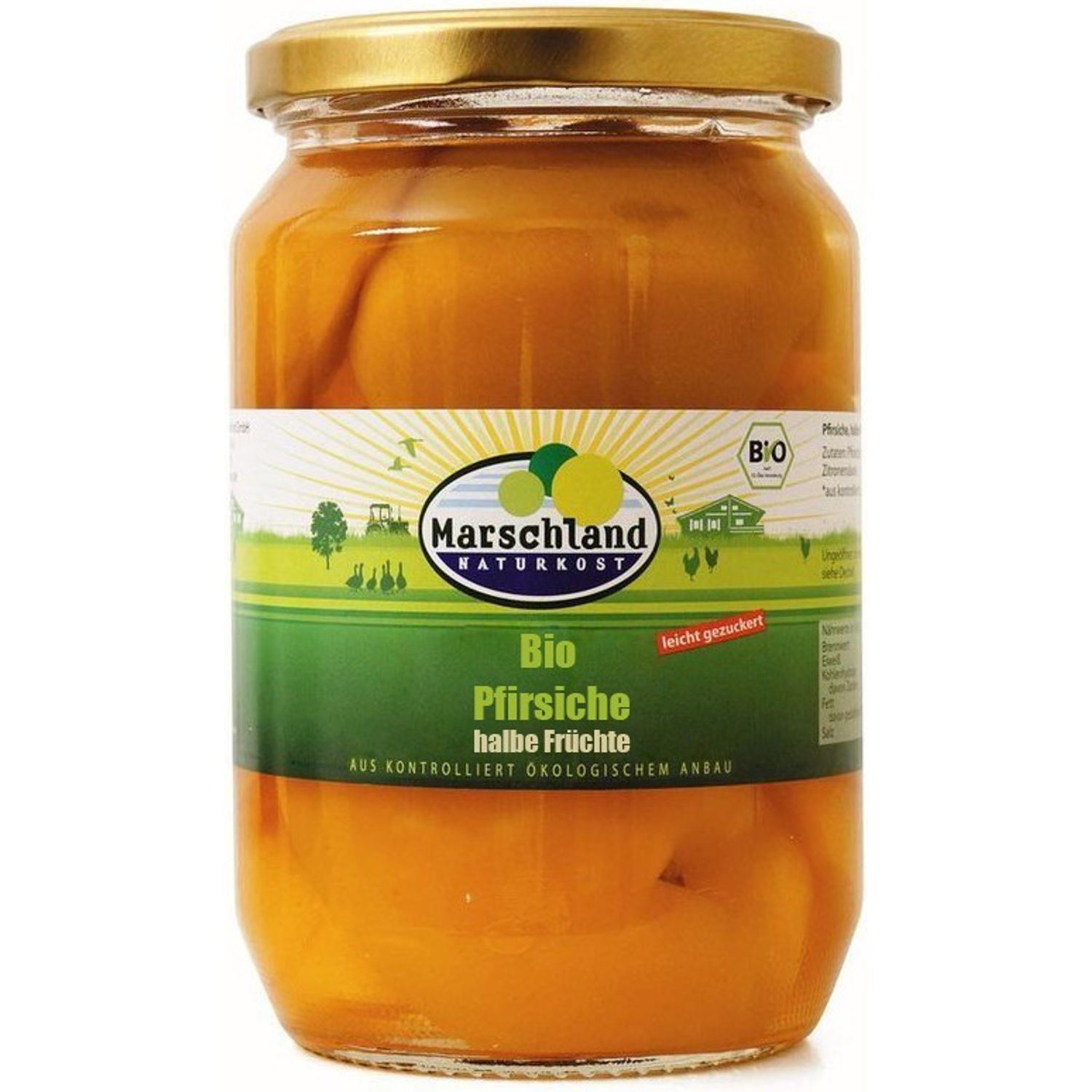 Compot Bio de piersici jumatati, 680 g/385 g Marschland Naturkost fotografia produsului