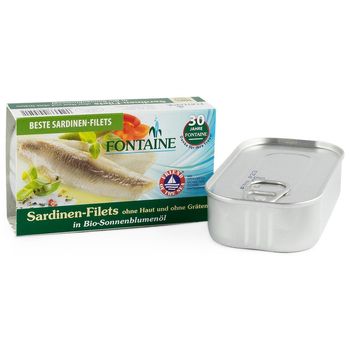 Sardine fara piele si fara oase, in ulei bio de floarea soarelui, 120g fontaine