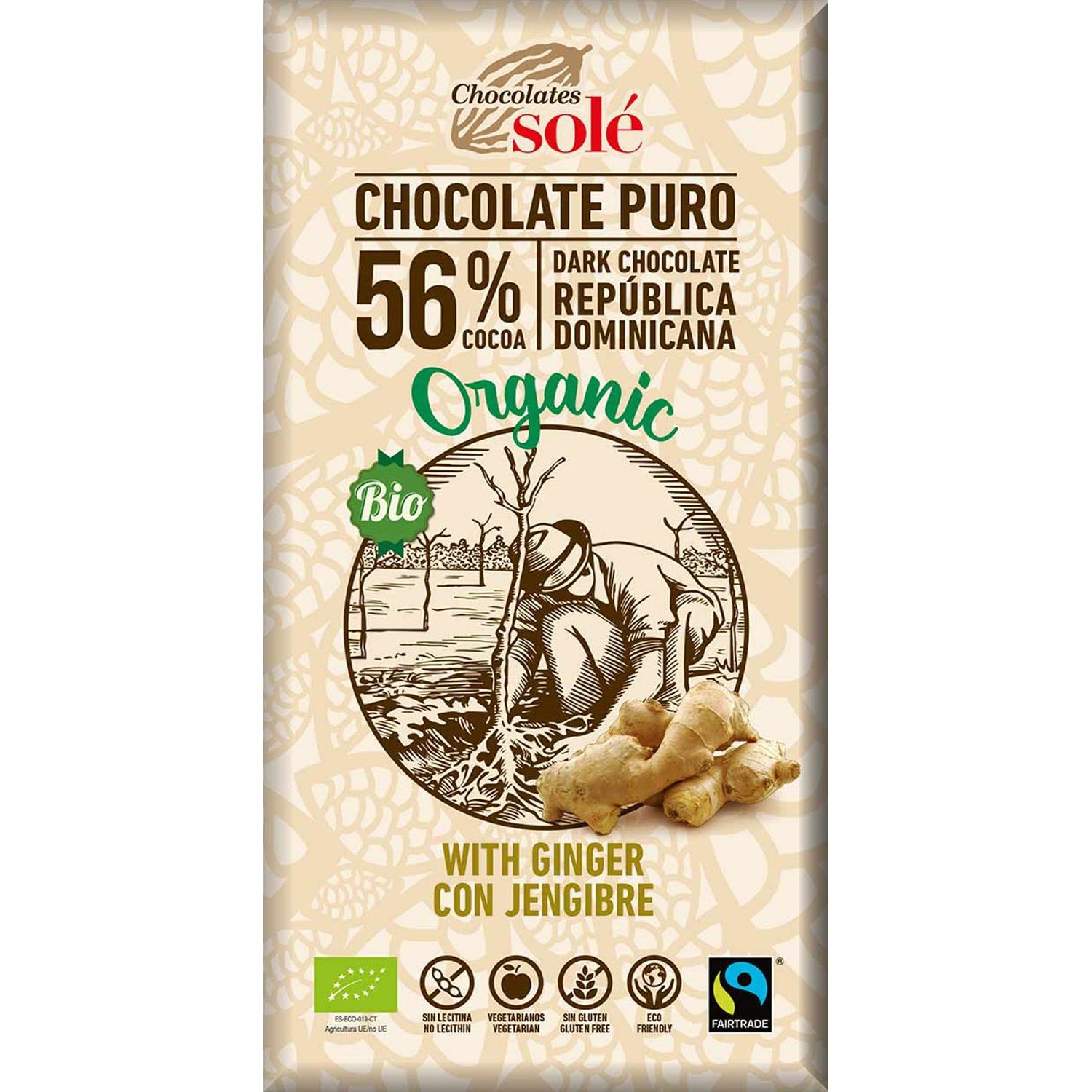 Ciocolata neagra Bio cu ghimbir, 56% cacao, 100 gr Chocolates sole fotografia produsului