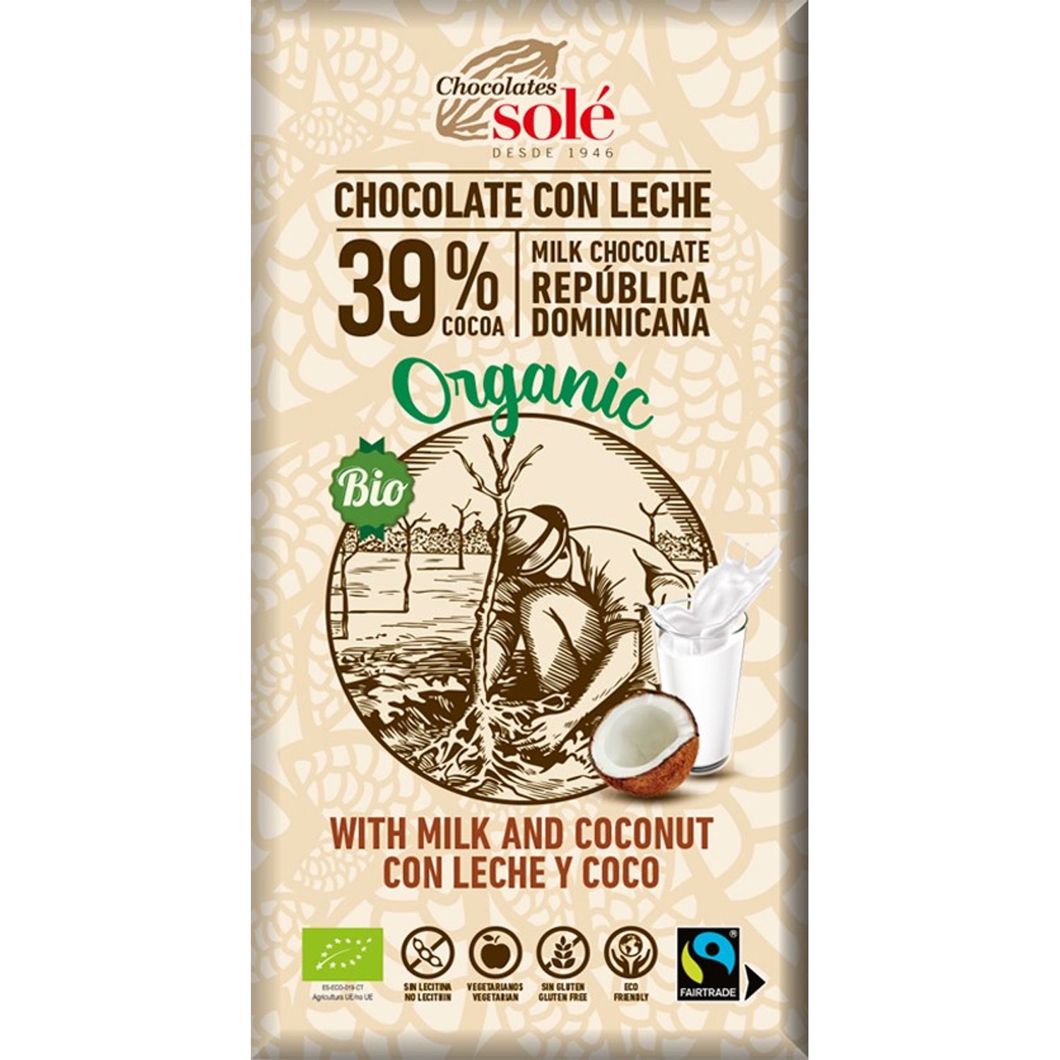 Ciocolata cu lapte si cocos Bio si fairtrade, 100g Chocolates sole fotografia produsului