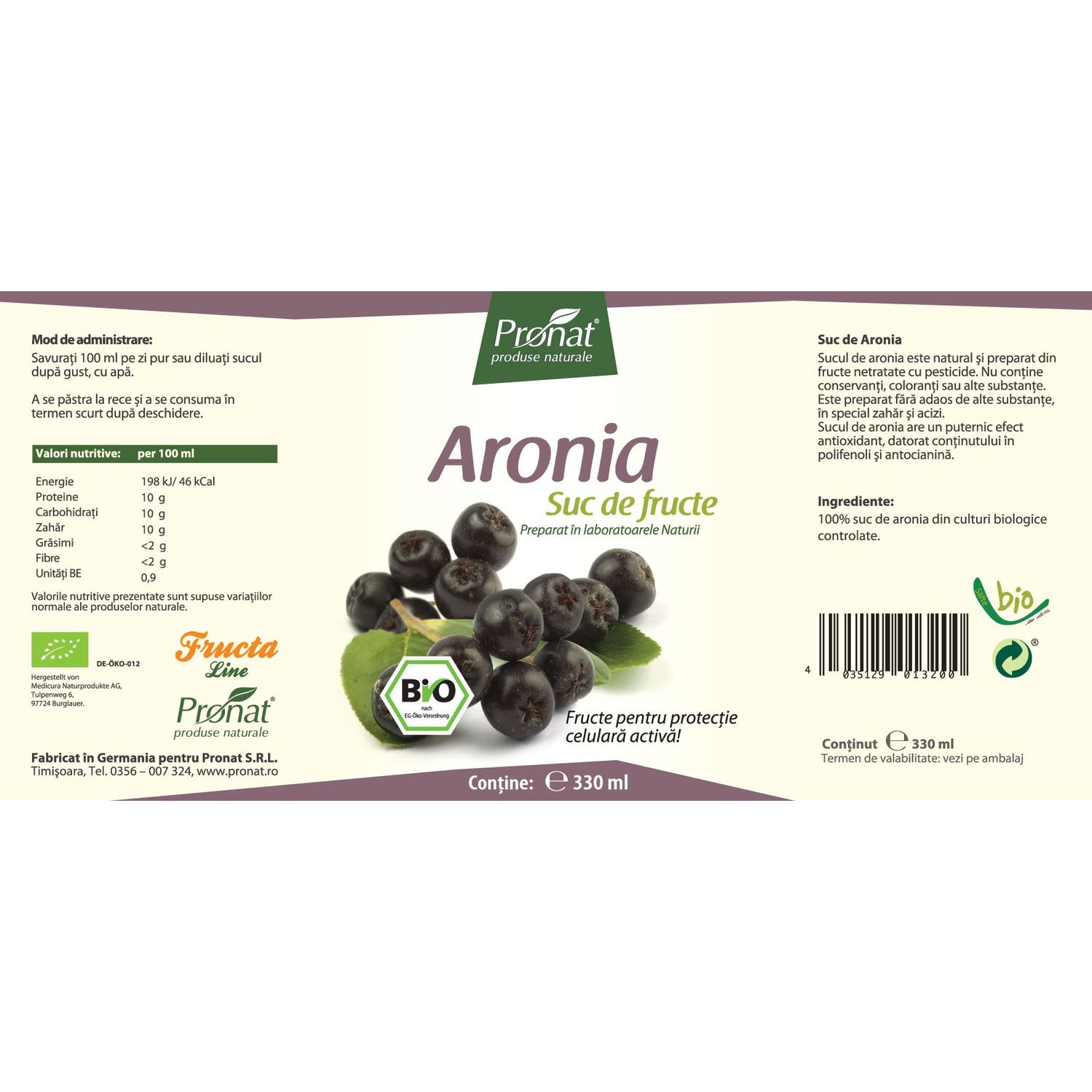 Suc de aronia 100%, Bio, 330 ml Medicura fotografia produsului View 2 L