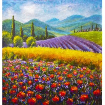 Tablou canvas, red poppies painting italian lavender dph200928648, 100 x 70 cm