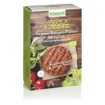 Vitaquell burger vegetal bio, andy s burger, pe baza de proteine de mazare si ovaz 160g (2 x 80g)