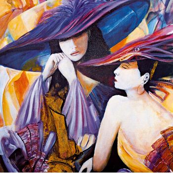 Tablou canvas living, printly, doamne cu palarie, 70 x 70 cm