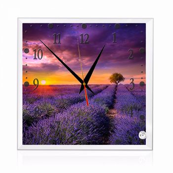 Ceas patrat din sticla cu camp de lavanda 20x20 cm