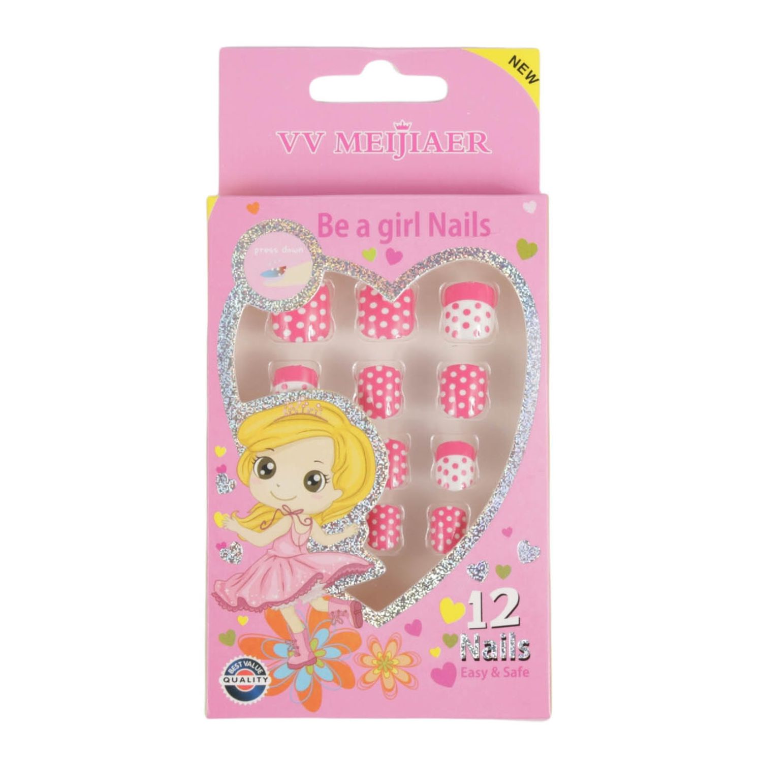 Set 12 Unghii False Pentru Copii, 01 Bulinute Albe cu Roz fotografia produsului