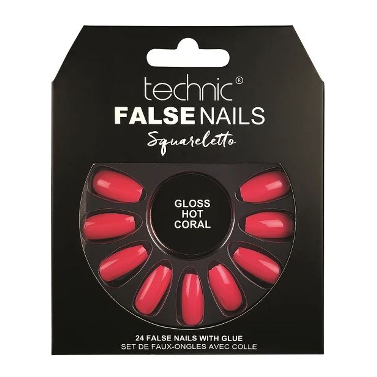 Set 24 Unghii False cu adeziv inclus Technic False Nails, Squareletto, Gloss Hot Coral fotografia produsului