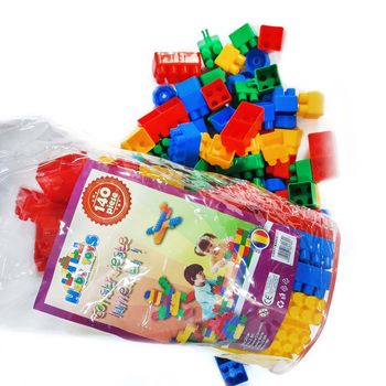 Cuburi de constructie din plastic, multicolore, in saculet, 140 piese ht 1042