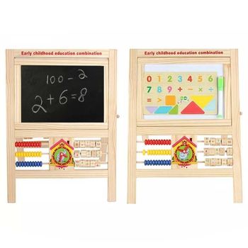 Tabla multifunctionala dubla din lemn, 42x30 cm cu 2 fete + ceas, abacus, alfabetar si accesorii, WD 8003