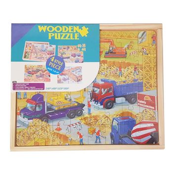 Puzzle 4 in 1 in cutie din lemn, 220 piese, vehicule de santier, wd 9008-c