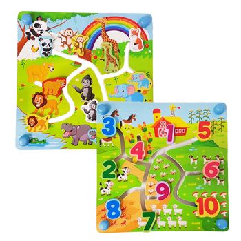 Puzzle labirint din lemn cu doua fete - numere si animalele junglei in format 3d, wd 9576a