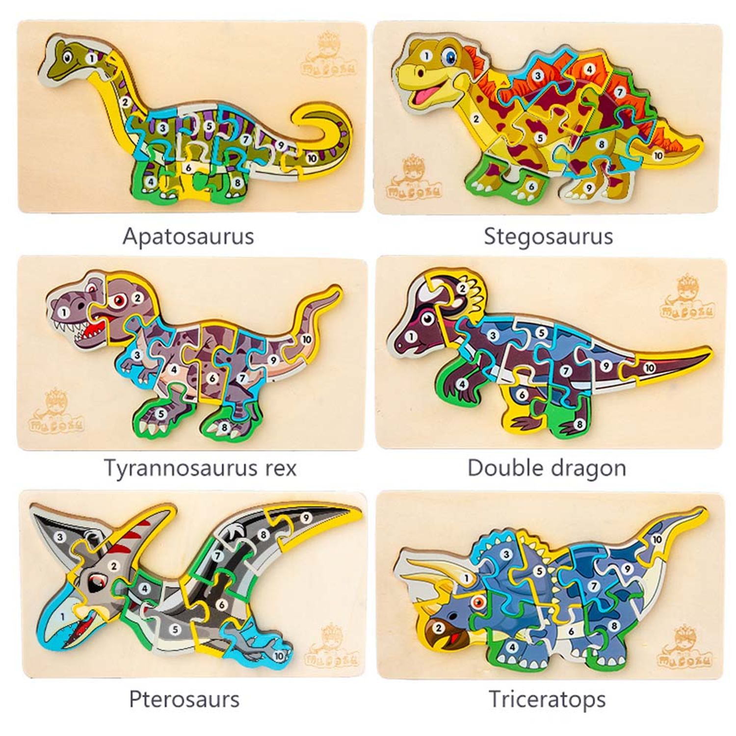 Set 6 puzzle-uri 3D din lemn &ndash;Dinozauri, 60 piese, WD 9554 fotografia produsului