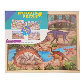 Puzzle 4 in 1 in cutie din lemn, 220 piese, dinozauri preistorici, wd 9008-a