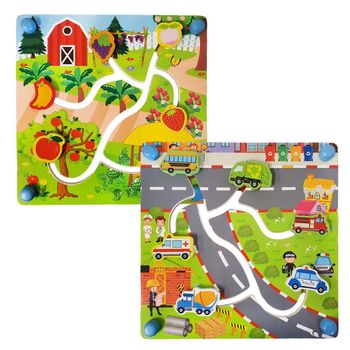 Puzzle labirint din lemn cu doua fete- fructe si trafic urban in format 3d, wd 9576b