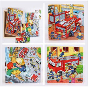 Puzzle 3 in 1 din lemn in cutie cu tematica – pompieri, wd 9002f