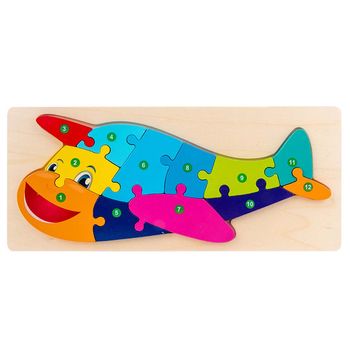 Jucarie educativa, puzzle 3d din lemn incastru, avion cu cifre, 12 piese, wd 2051-g