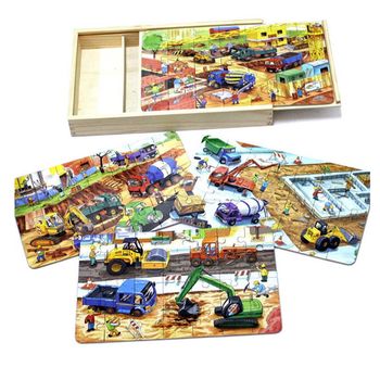 Puzzle 4 in 1 din lemn in cutie cu tematica – vehicule santier, wd 9003b
