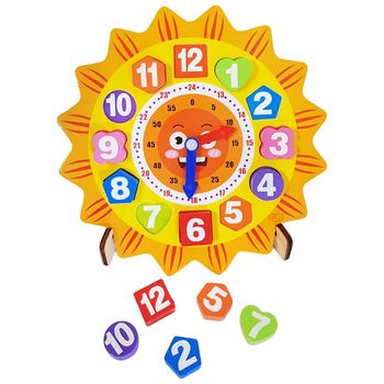 Ceas din lemn pentru copii, puzzle sunflower clock cu forme geometrice, wd 9558-b