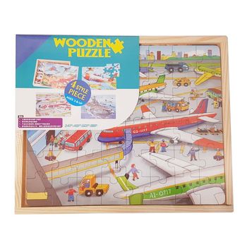 Puzzle 4 in 1 in cutie din lemn, 220 piese, vehicule de transport, wd 9008-b