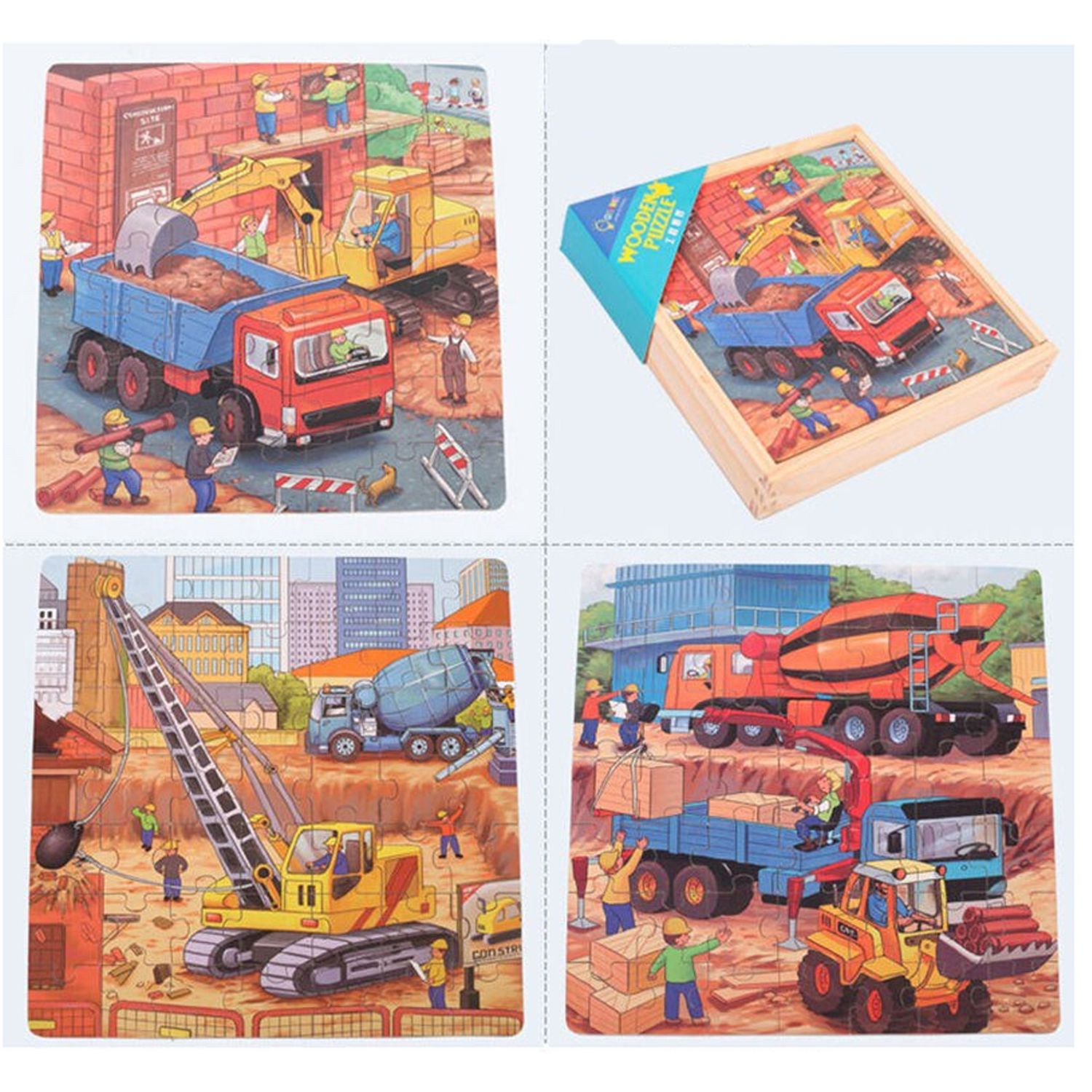 Puzzle 3 in 1 din lemn in cutie cu tematica &ndash; Vehicule constructii, WD 9002E fotografia produsului