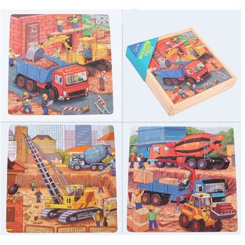 Puzzle 3 in 1 din lemn in cutie cu tematica – vehicule constructii, wd 9002e