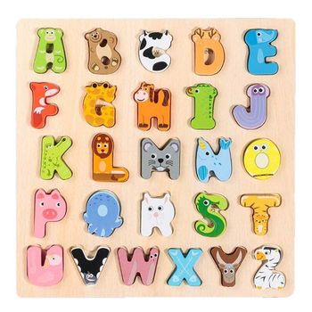 Puzzle incastru educativ din lemn cu 26 litere mari si ilustratii cu animale, wd 9552