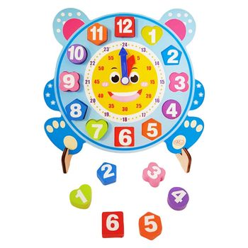 Ceas din lemn pentru copii, puzzle bear clock cu forme geometrice, wd 9558-a