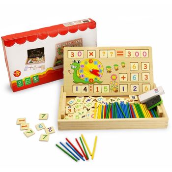 Tabla multifunctionala Montessori cu operatiuni matematice, ceas, betisoare si creta colorata, WD 4008