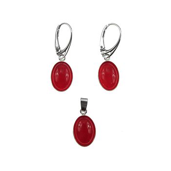 Set argint cu agate rosii ovale 14x10 mm
