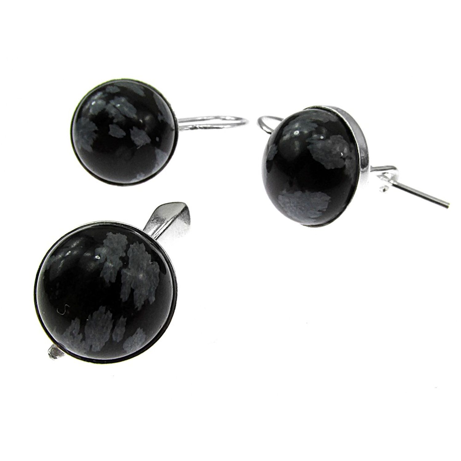 Set argint clasic cu obsidian fulg-de nea 10 MM fotografia produsului View 2 L