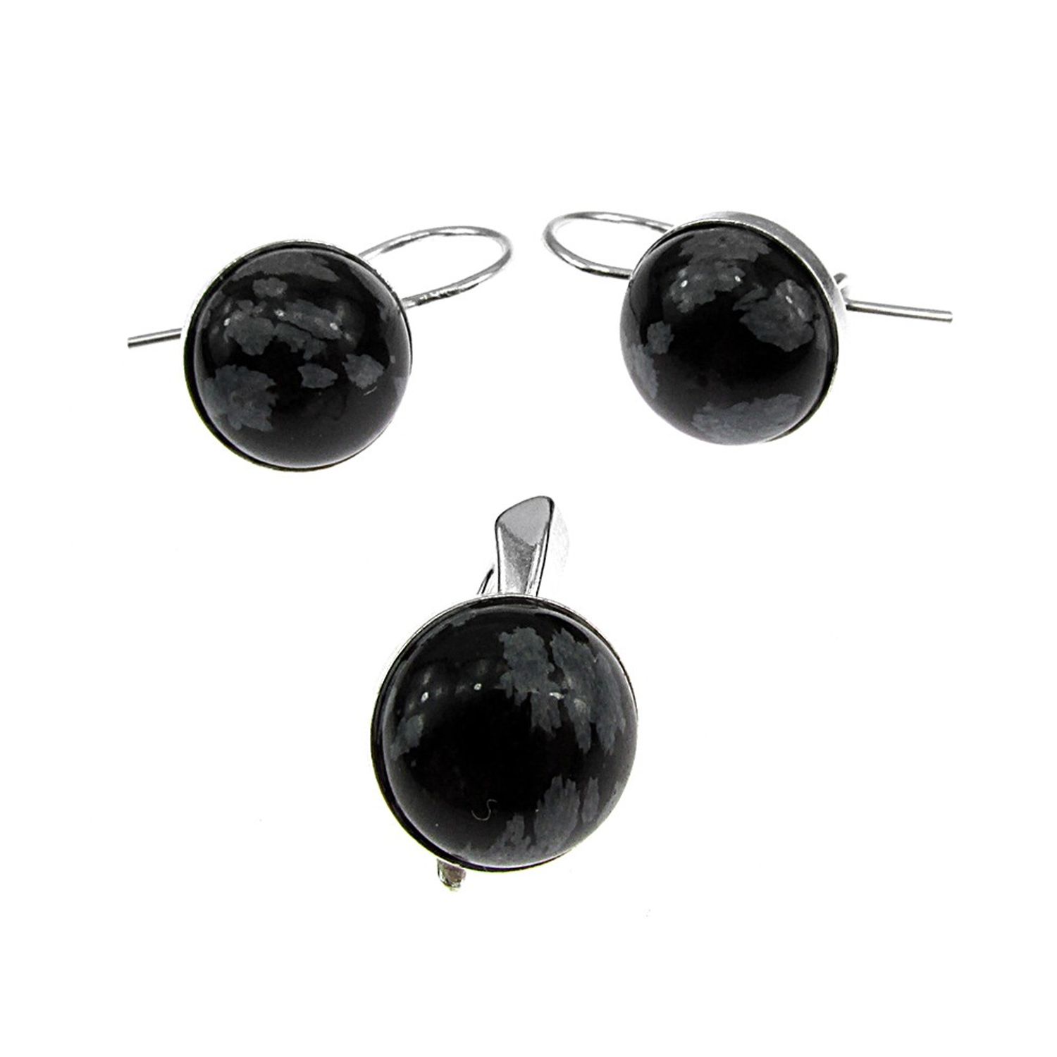 Set argint clasic cu obsidian fulg-de nea 10 MM fotografia produsului