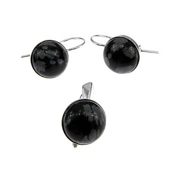 Set argint clasic cu obsidian fulg-de nea 10 mm