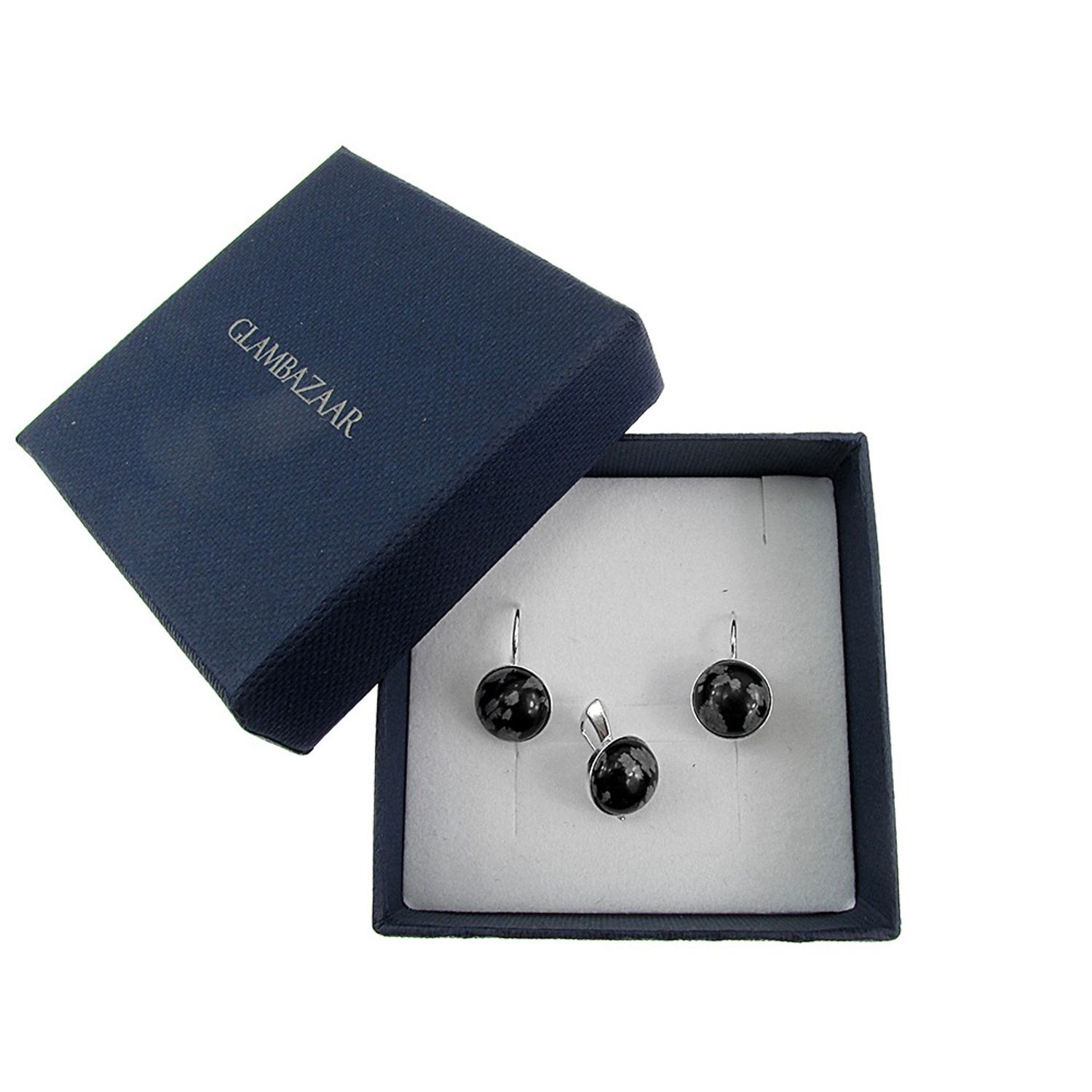 Set argint clasic cu obsidian fulg-de nea 10 MM fotografia produsului View 5 L