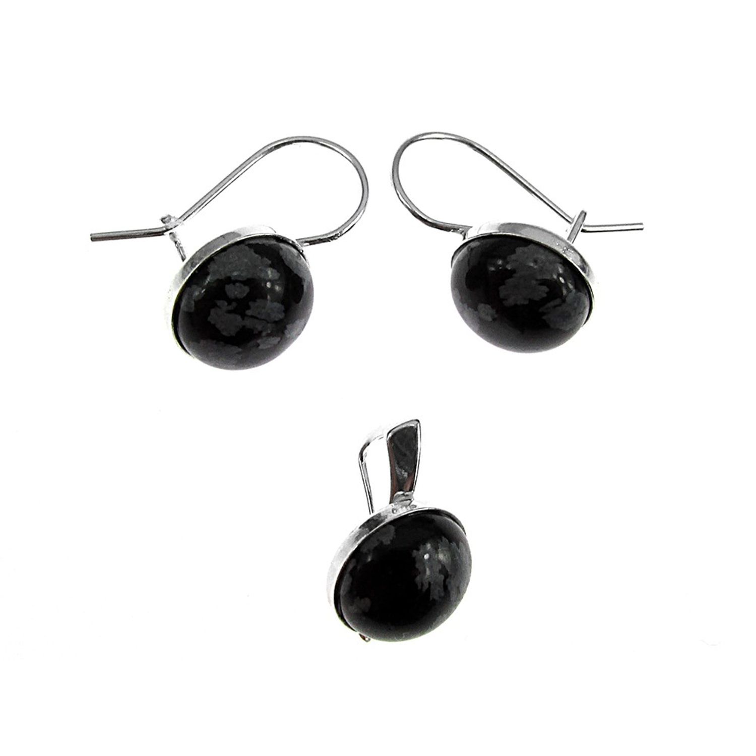Set argint clasic cu obsidian fulg-de nea 10 MM fotografia produsului View 3 L