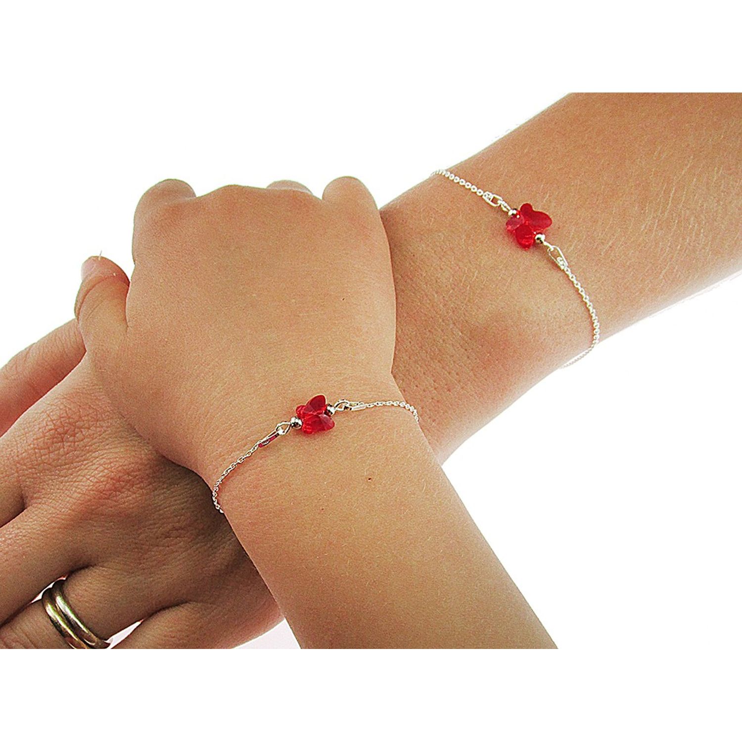 Set 2 bratari mama-fiica argint cu fluturi rosii Swarovski Elements fotografia produsului View 3 L