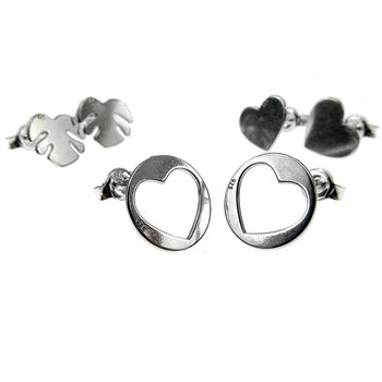 Set 3 perechi cercei argint glam inimioara/frunza/inima decupata