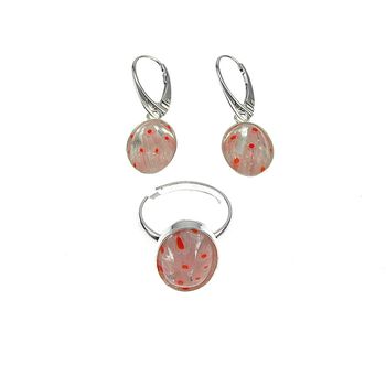 Set argint cercei si inel reglabil millefiori transparent/rosu