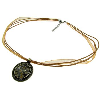 Colier millefiori galben in baza bronz antic