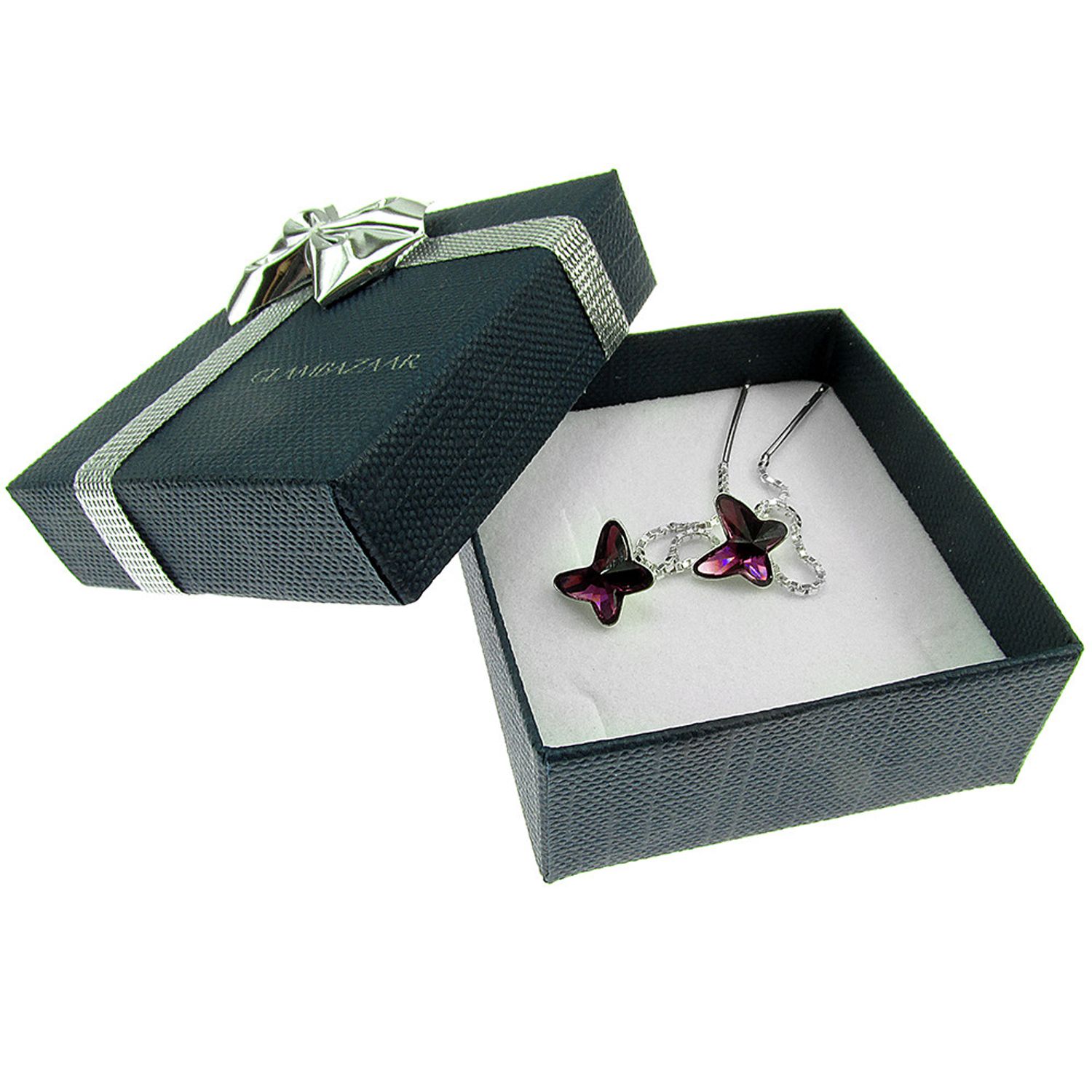 Cercei argint lantisor cu fluturi Swarovski mov 8 MM fotografia produsului View 3 L